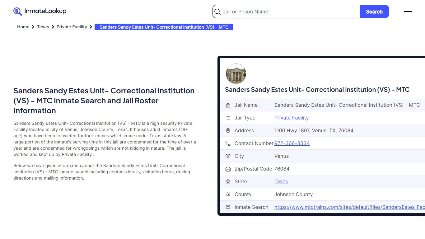 Sanders Sandy Estes Unit- Correctional Institution (VS) - MTC Inmate ...